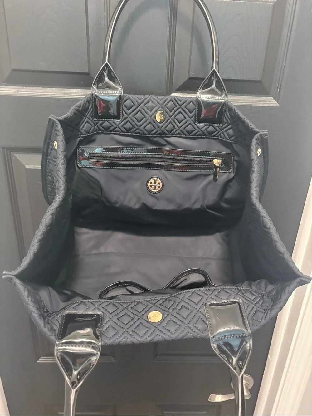 TORY BURCH Black Quilted Satchel Tote with side buttons